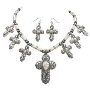 Cream Stone 7 Cross Western Necklace Earrings Set